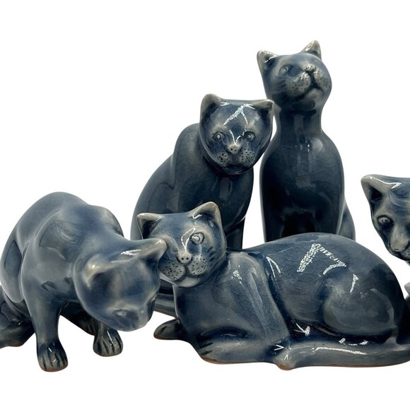 Vintage Thai Celadon Blue Glazed Crackle Ceramic Cat Figurine Lot of 6 Clowder - Picture 10 of 16